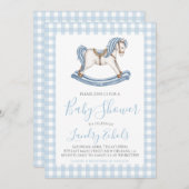 ロッキングホース名門私立校風のブルーボーイベビーシャワー 招待状 (正面/裏面)