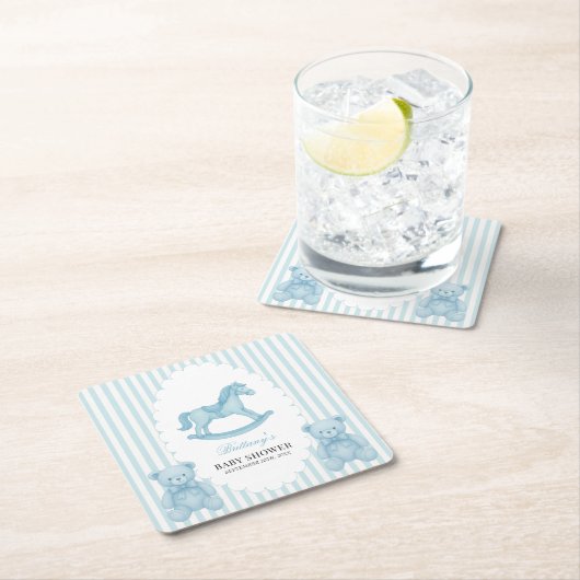 ロッキングホース名門私立校風のベアーブルー赤ちゃんシャワー スクエアペーパーコースター (インサイチュ)