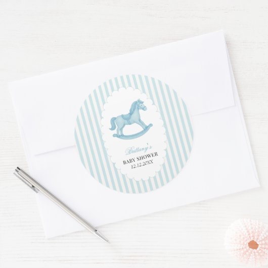 ロッキングホース名門私立校風のベアーブルー赤ちゃんシャワー ラウンドシール (封筒)