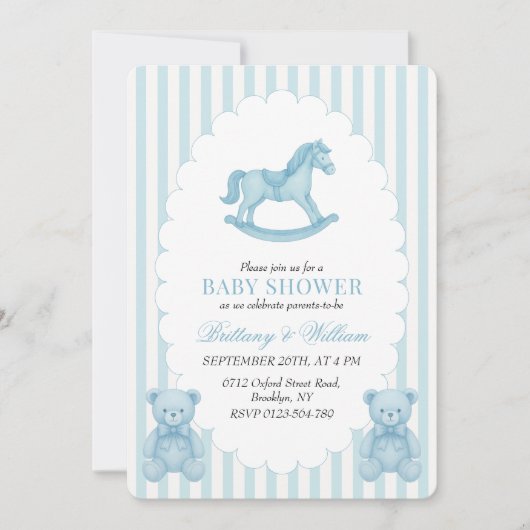 ロッキングホース名門私立校風のベアーブルー赤ちゃんシャワー 招待状 (正面)