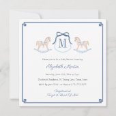 ロッキングホース名門私立校風のモノグラム男の子の赤ちゃんシャワー 招待状 (正面)