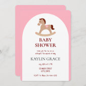 ロッキングホース小さな女の子ベビシャワーピンク 招待状 (正面/裏面)