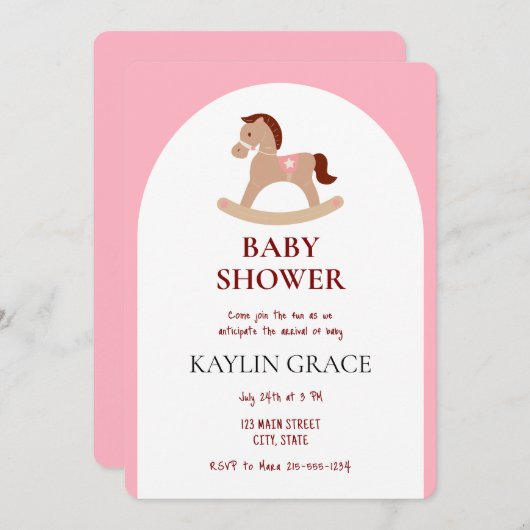 ロッキングホース小さな女の子ベビシャワーピンク 招待状 (正面/裏面)