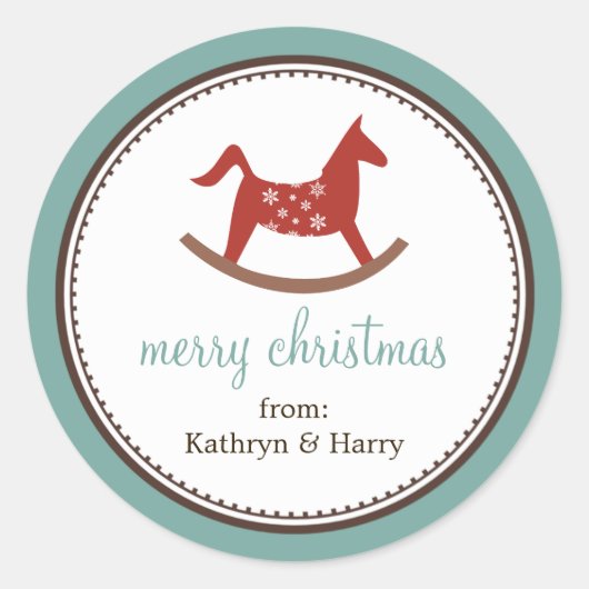 ロッキングホース玩具ブルークリスマスホリデーギフトラベル ラウンドシール (正面)