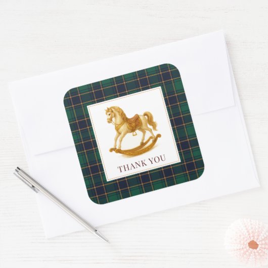 ロッキングホース赤ちゃんシャワーエレガントタータンチェックプレイド スクエアシール (封筒)