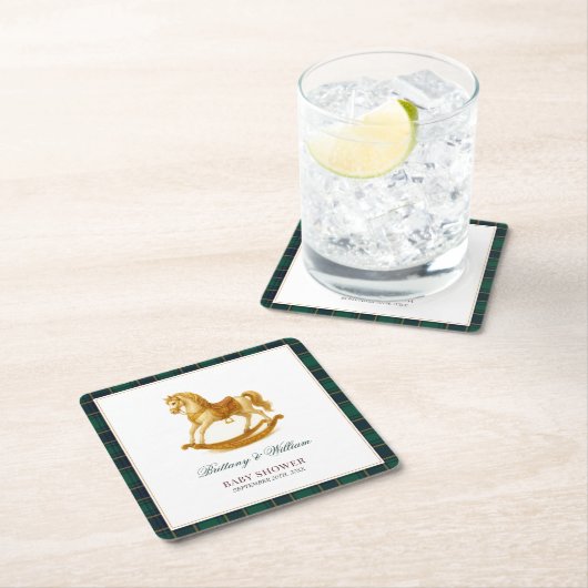 ロッキングホース赤ちゃんシャワーエレガントタータンチェックプレイド スクエアペーパーコースター (インサイチュ)