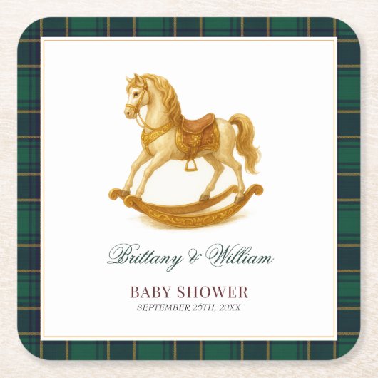 ロッキングホース赤ちゃんシャワーエレガントタータンチェックプレイド スクエアペーパーコースター (正面)