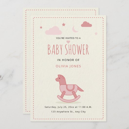 ロッキングホース赤ちゃんシャワー招待状、女の子ベビーシャワー 招待状 (正面/裏面)