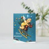 ロッキングホース飛んでいるの可愛い天使メリークリスマス シーズンポストカード (スタンド正面)