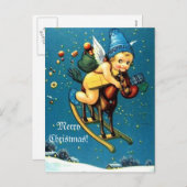 ロッキングホース飛んでいるの可愛い天使メリークリスマス シーズンポストカード (正面/裏面)