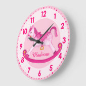 ロッキング馬の子供部屋で女の子ピンク ラージ壁時計 (傾斜)