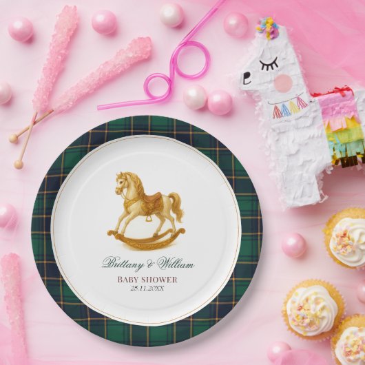 ロッキング馬タータンチェックプレイドベビーシャワー ペーパープレート (パーティー)