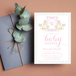 ロッキング馬ピンクモノグラムコケットベビーシャワー 招待状