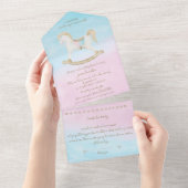 ロッキング馬ブルーピンク赤男女兼用ちゃんシャワー オールインワン招待状 (貼ってはがせる)