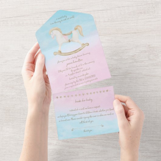 ロッキング馬ブルーピンク赤男女兼用ちゃんシャワー オールインワン招待状 (貼ってはがせる)