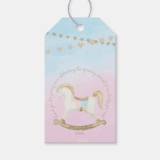 ロッキング馬ブルーピンク赤男女兼用ちゃんシャワー ギフトタグ (正面)
