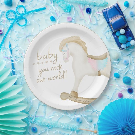 ロッキング馬ブルーピンク赤男女兼用ちゃんシャワー ペーパープレート (パーティー)