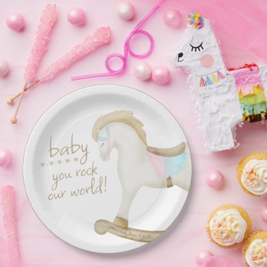 ロッキング馬ブルーピンク赤男女兼用ちゃんシャワー ペーパープレート (パーティー)