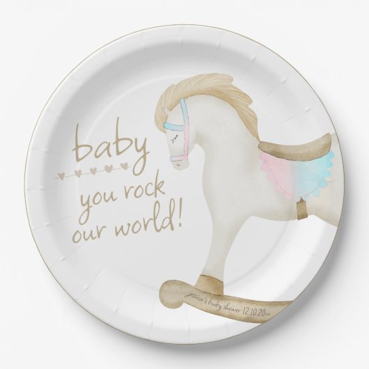 ロッキング馬ブルーピンク赤男女兼用ちゃんシャワー ペーパープレート (正面)