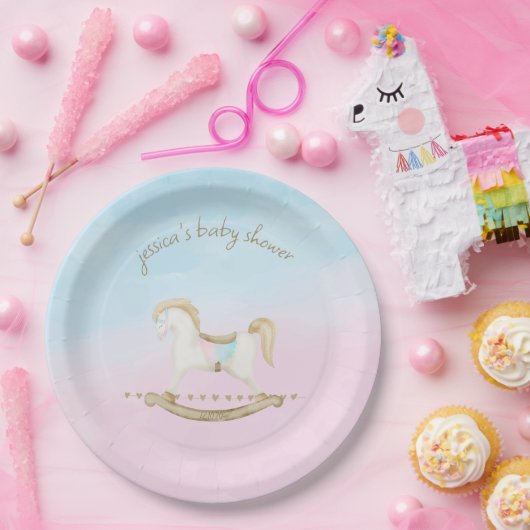 ロッキング馬ブルーピンク赤男女兼用ちゃんシャワー ペーパープレート (パーティー)