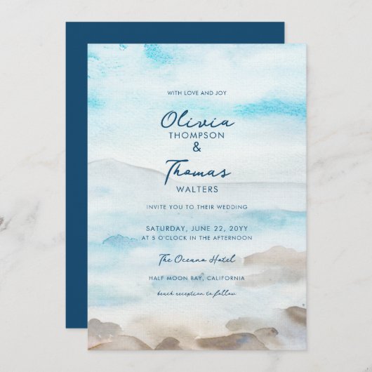 ロッキーエレガントコーストミスト海シービーチ結婚式 招待状 (正面/裏面)