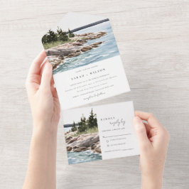 ロッキーパインマウンテンウォーターカラーシースケープ結婚ズ オールインワン招待状