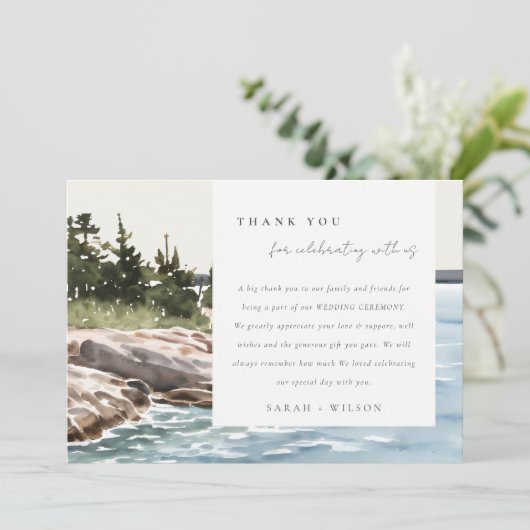 ロッキーパインマウンテンウォーターカラーシースケープ結婚ズ サンキューカード (スタンド正面)