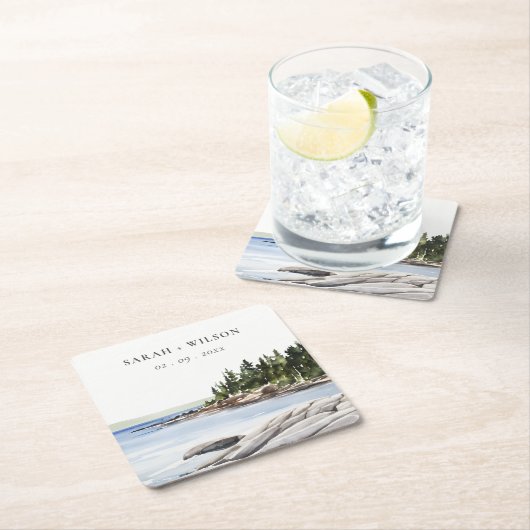 ロッキーパインマウンテンウォーターカラーシースケープ結婚ズ スクエアペーパーコースター (インサイチュ)