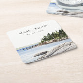 ロッキーパインマウンテンウォーターカラーシースケープ結婚ズ スクエアペーパーコースター (アングル)