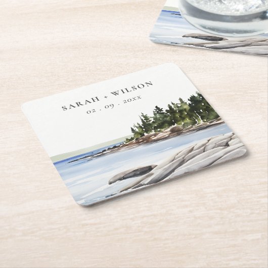 ロッキーパインマウンテンウォーターカラーシースケープ結婚ズ スクエアペーパーコースター (アングル)