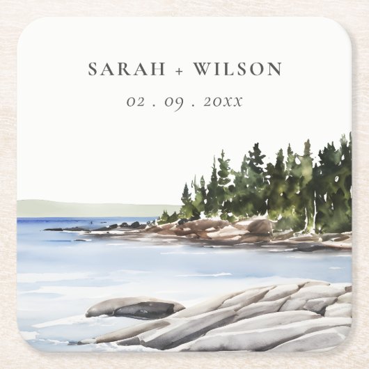 ロッキーパインマウンテンウォーターカラーシースケープ結婚ズ スクエアペーパーコースター (正面)