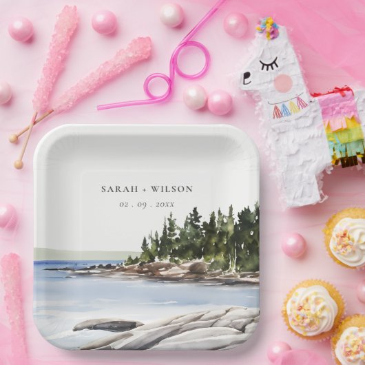 ロッキーパインマウンテンウォーターカラーシースケープ結婚ズ ペーパープレート (パーティー)