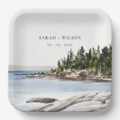 ロッキーパインマウンテンウォーターカラーシースケープ結婚ズ ペーパープレート (正面)