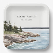 ロッキーパインマウンテンウォーターカラーシースケープ結婚ズ ペーパープレート (正面)