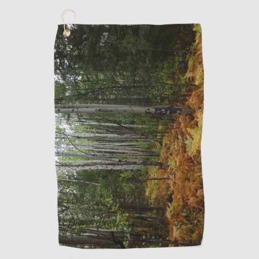 ロッキーマウンテンの白い樺の木の木と秋シダ ゴルフタオル (正面)