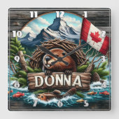 ロッキー山脈を持つ湖の近くのカナダビーバー スクエア壁時計 (正面)