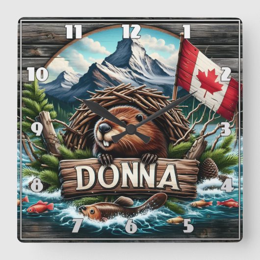 ロッキー山脈を持つ湖の近くのカナダビーバー スクエア壁時計 (正面)