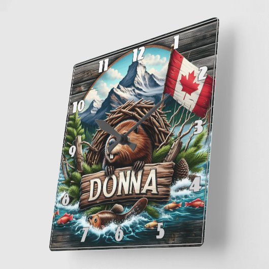 ロッキー山脈を持つ湖の近くのカナダビーバー スクエア壁時計 (傾斜)