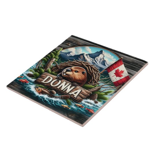 ロッキー山脈を持つ湖の近くのカナダビーバー タイル (側面)