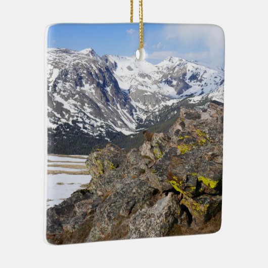 ロッキー山脈を見つめる黄色いベリーズのマーモット セラミックオーナメント (右)