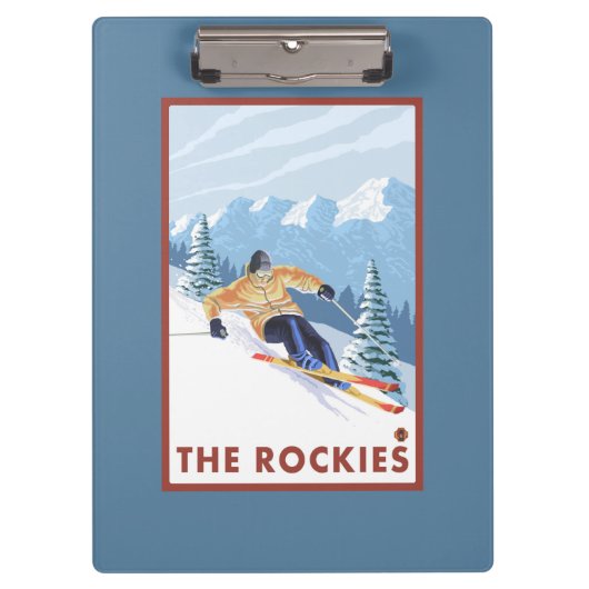 ロッキー山脈- Downhhillの雪のスキーヤー クリップボード (正面)