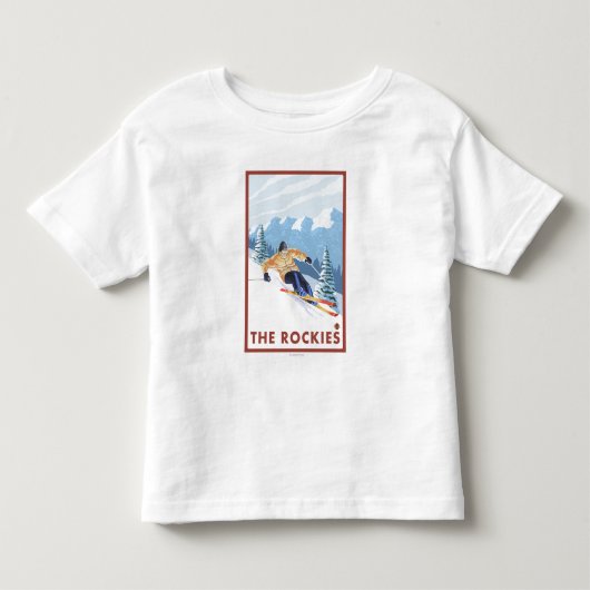 ロッキー山脈- Downhhillの雪のスキーヤー トドラーTシャツ (正面)