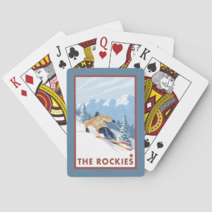 ロッキー山脈- Downhhillの雪のスキーヤー トランプ