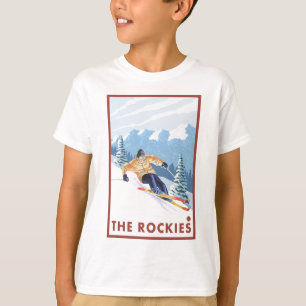 ロッキー山脈- Downhhillの雪のスキーヤー Tシャツ
