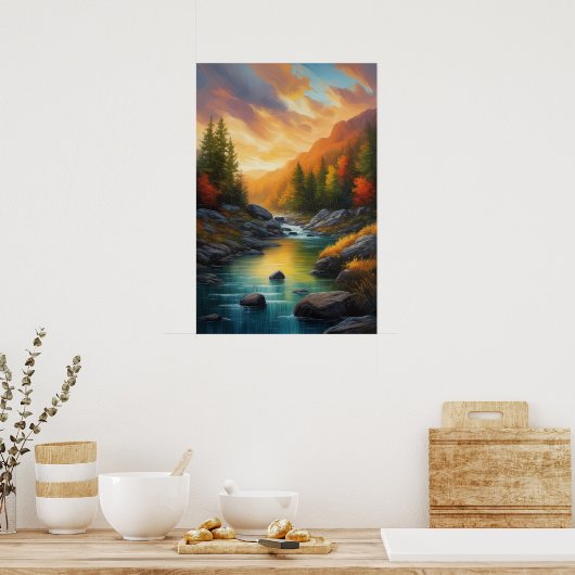 ロッキー川岸と夕暮れの秋の森 ポスター (キッチン)