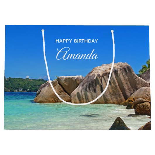 ロッキー海と美しい熱帯ビーチ誕生日 ラージペーパーバッグ (正面)