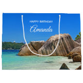 ロッキー海と美しい熱帯ビーチ誕生日 ラージペーパーバッグ (裏面)