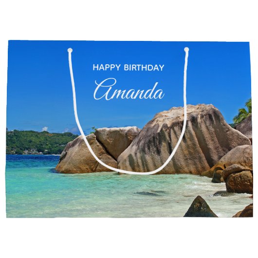 ロッキー海と美しい熱帯ビーチ誕生日 ラージペーパーバッグ (裏面)