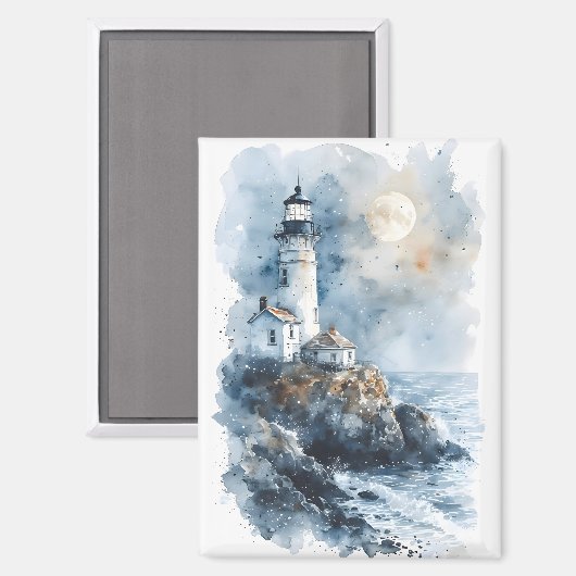 ロッキー海岸線沿いの月光の灯台 マグネット (正面/裏面)