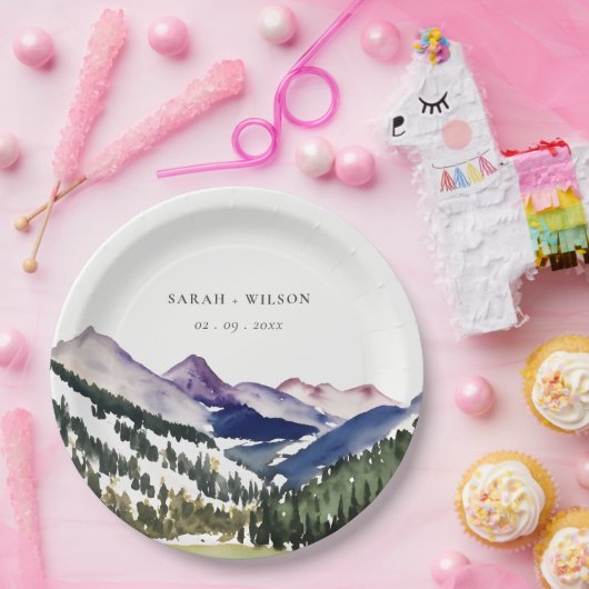 ロッキー雪の山の水彩風景結婚ズ ペーパープレート (パーティー)